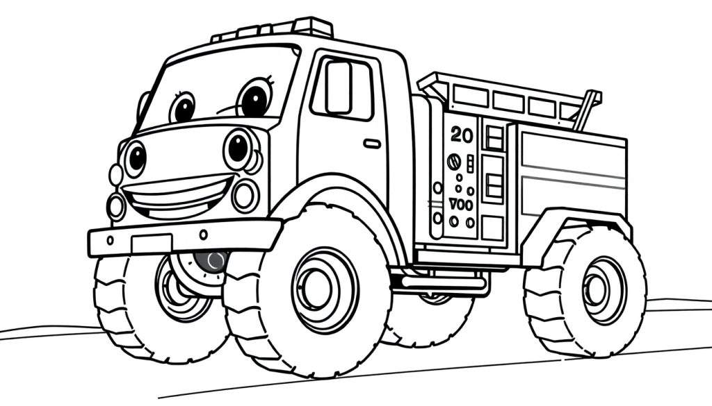 A friendly black and white cartoon truck with big wheels, smiling face, and a color panel on its side, ready for adventure.