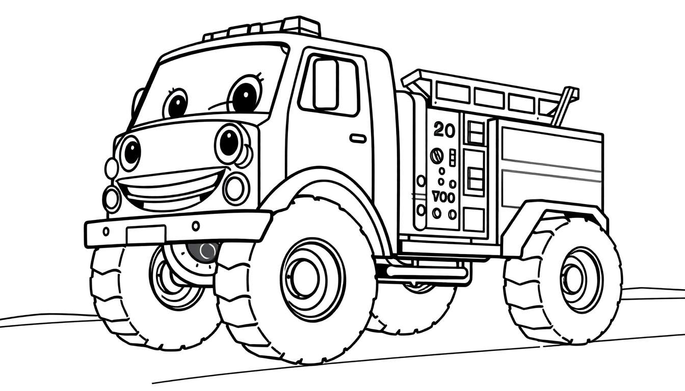A friendly black and white cartoon truck with big wheels, smiling face, and a color panel on its side, ready for adventure.