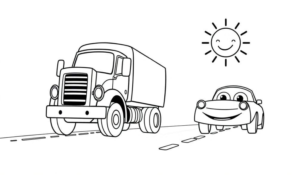 A black and white cartoon color panel of a smiling truck and a happy car on a sunny road.