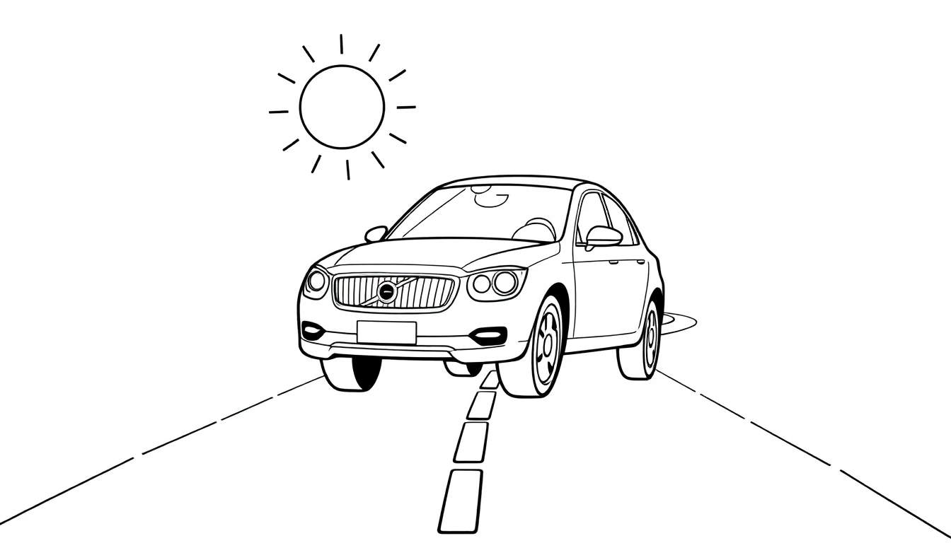 A black and white color panel of a friendly Volvo car waving hello on a sunny road, perfect for little artists.