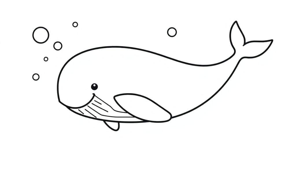 A friendly black and white cartoon whale with bubbles, a color panel for kids.
