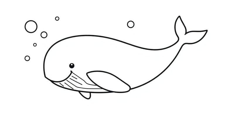 A friendly black and white cartoon whale with bubbles, a color panel for kids.