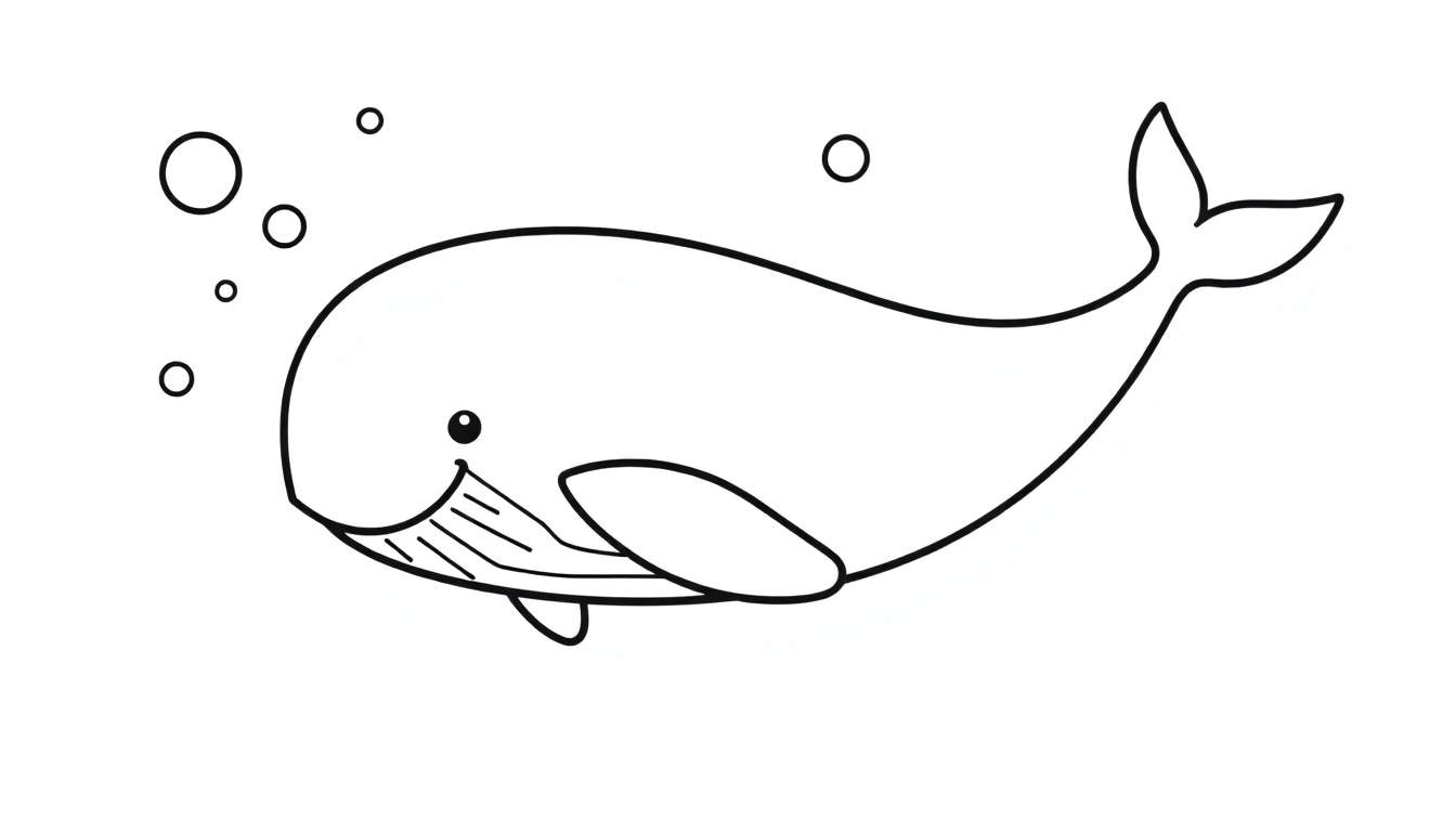 A friendly black and white cartoon whale with bubbles, a color panel for kids.