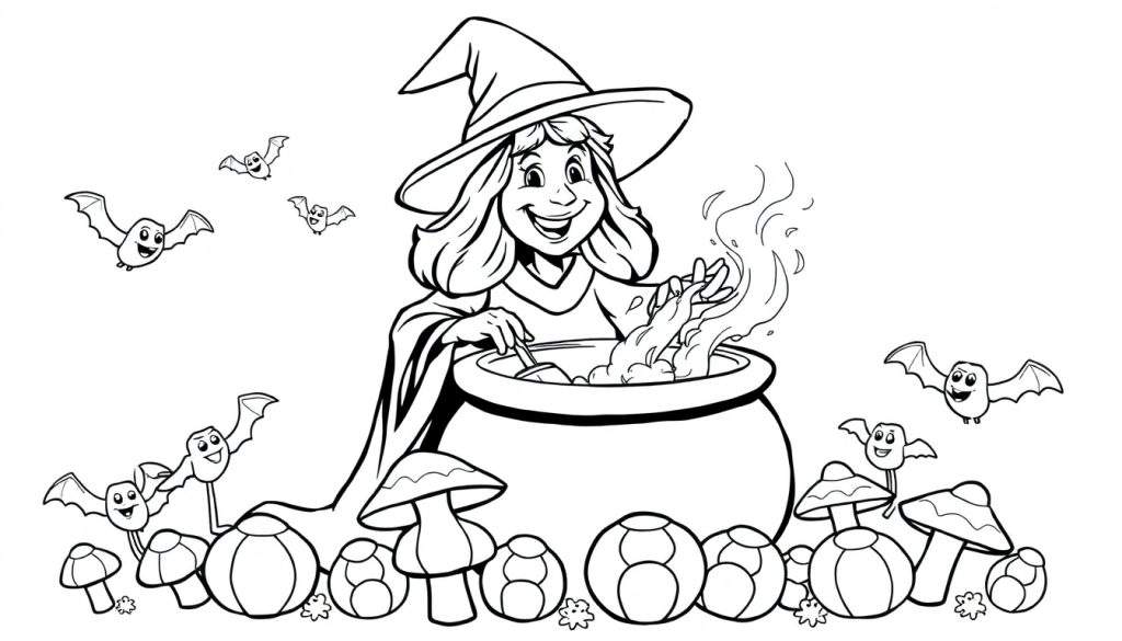 A friendly witch in a black and white line art color panel stirring a cauldron with smiling bats flying around.