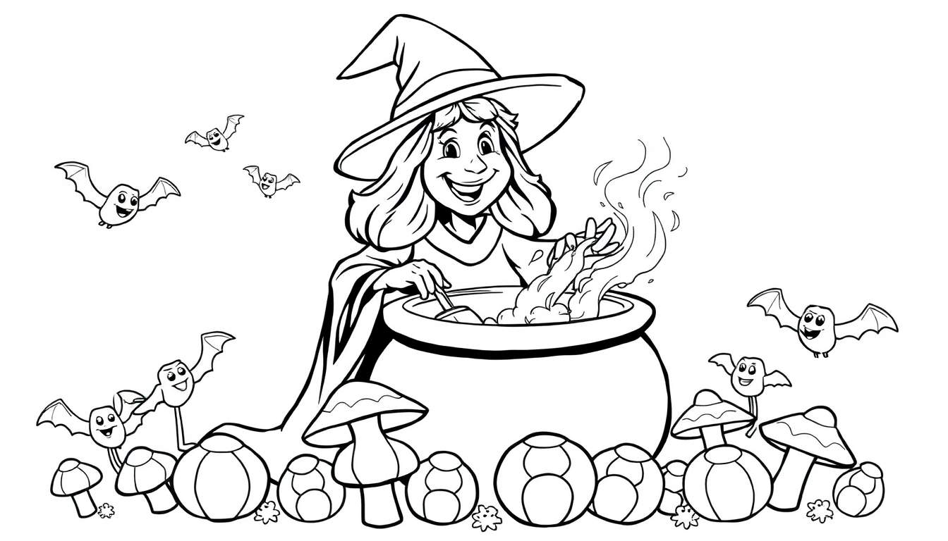 A friendly witch in a black and white line art color panel stirring a cauldron with smiling bats flying around.