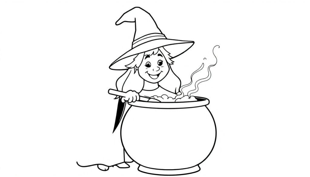 A black and white illustration of a smiling witch stirring a potion in a cauldron, perfect for a Halloween color panel.