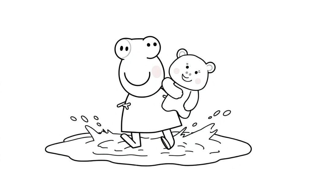 A cute color panel of a frog holding a teddy bear in a puddle.