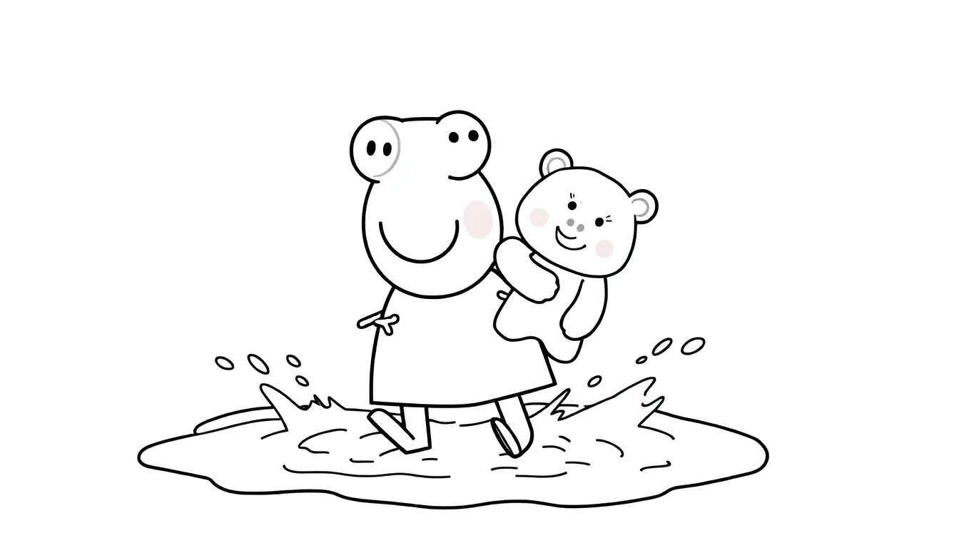 A cute color panel of a frog holding a teddy bear in a puddle.