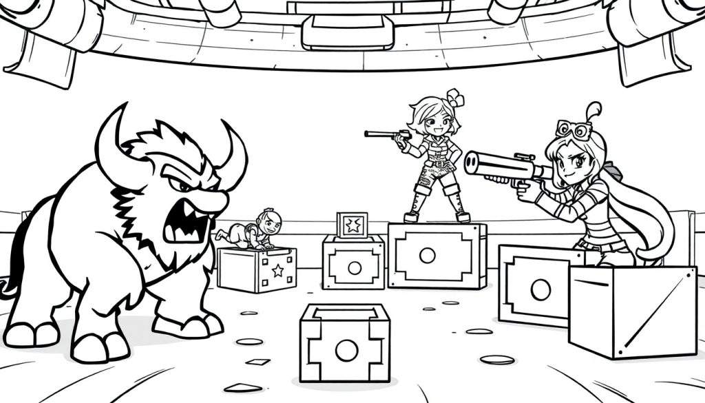 A black and white cartoon color panel showing a bull-like creature and two girls with guns in a futuristic arena.