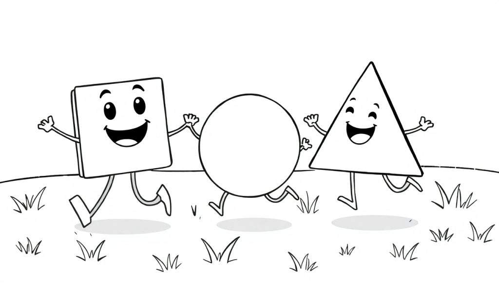 A black and white cartoon color panel showing a square, circle, and triangle running joyfully through a field.