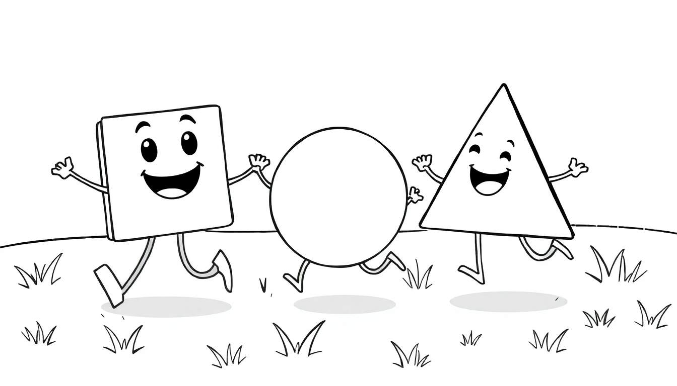 A black and white cartoon color panel showing a square, circle, and triangle running joyfully through a field.