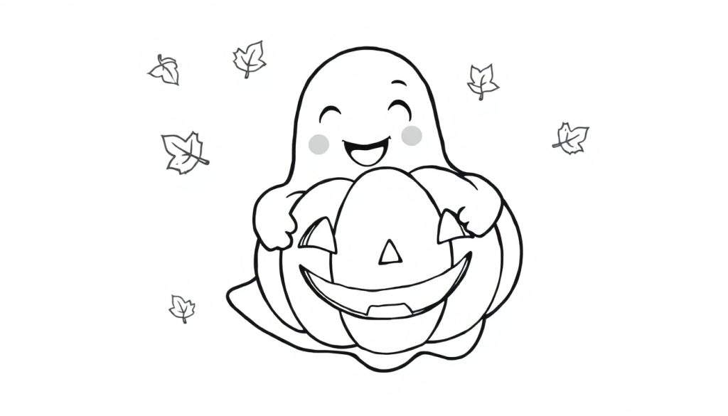 A friendly ghost hugging a pumpkin, a black and white coloring panel for kids.