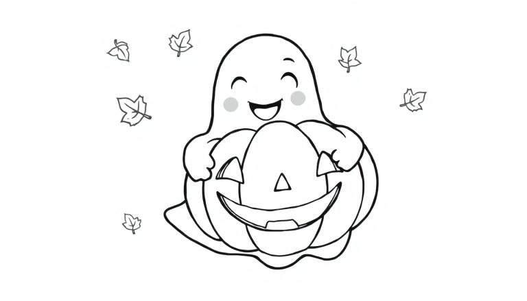 A friendly ghost hugging a pumpkin, a black and white coloring panel for kids.