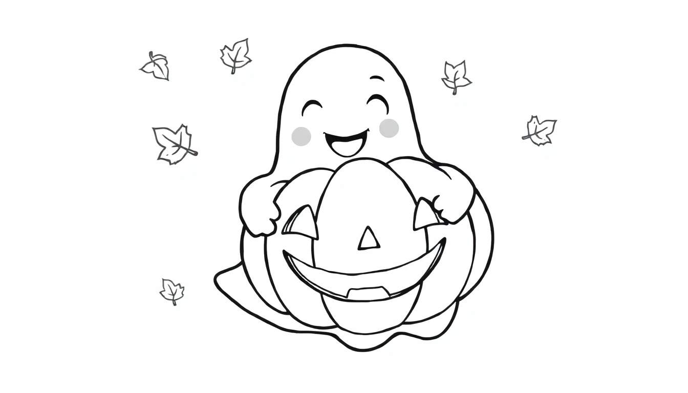 A friendly ghost hugging a pumpkin, a black and white coloring panel for kids.
