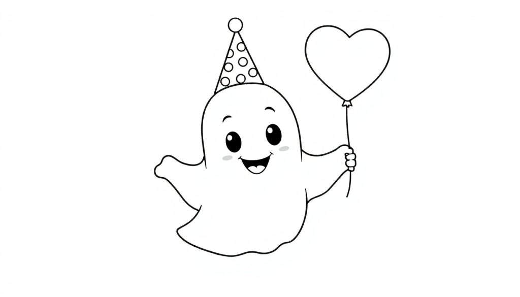 A cute ghost in a party hat and holding a balloon, ready for the color panel.