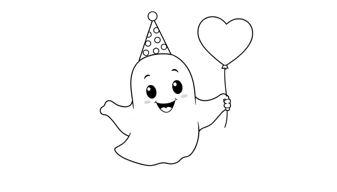 A cute ghost in a party hat and holding a balloon, ready for the color panel.