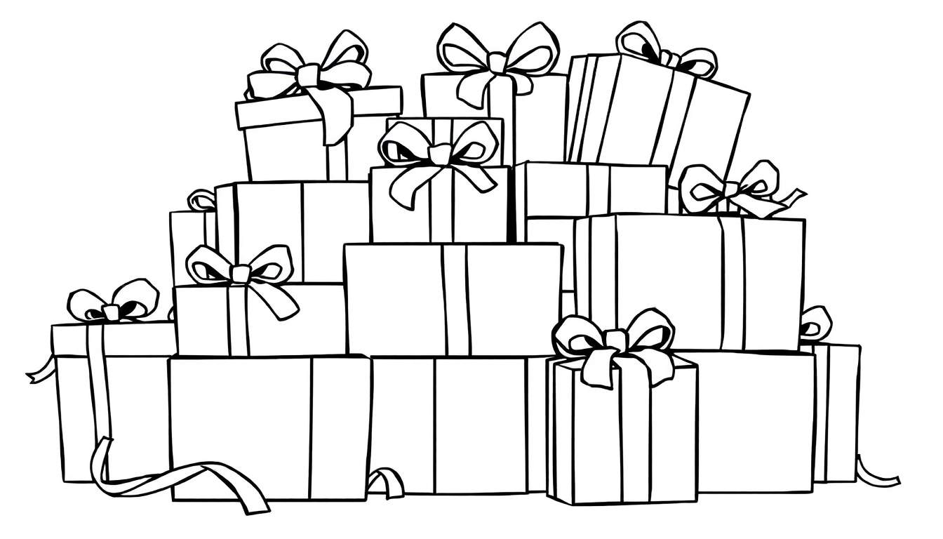 A cute black and white coloring page color panel with a big pile of wrapped gifts, many with bows and ribbons.