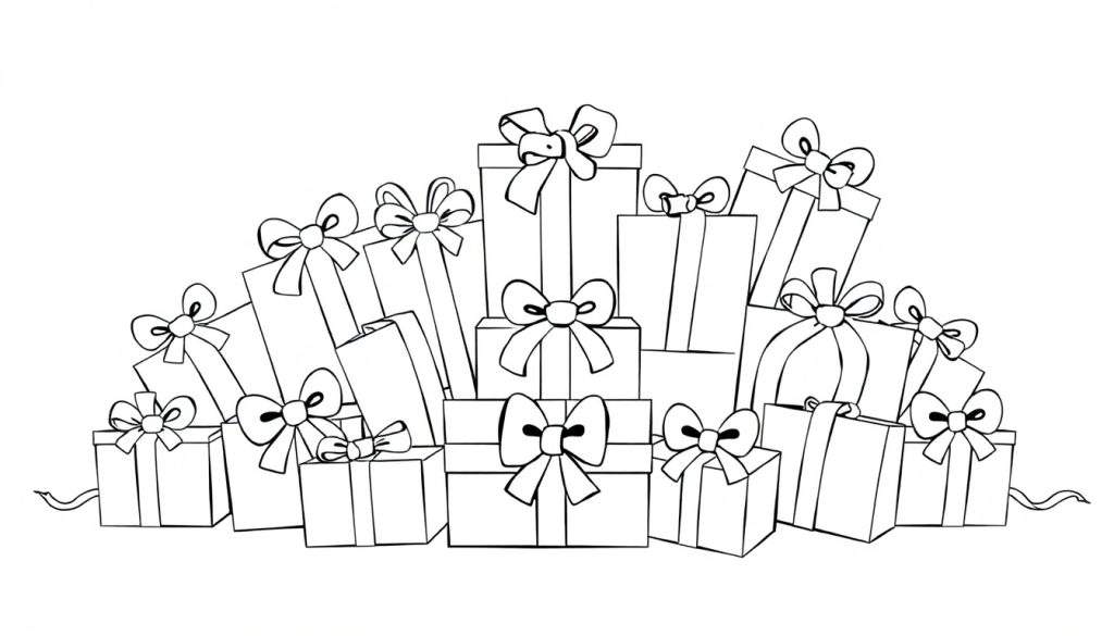 A cute black and white coloring panel of a gift pile with ribbons and bows.