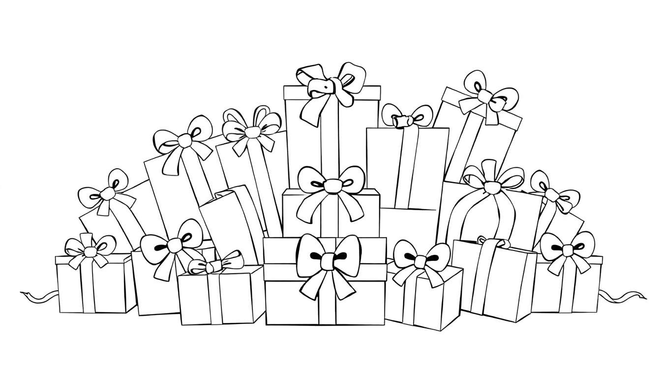 A cute black and white coloring panel of a gift pile with ribbons and bows.