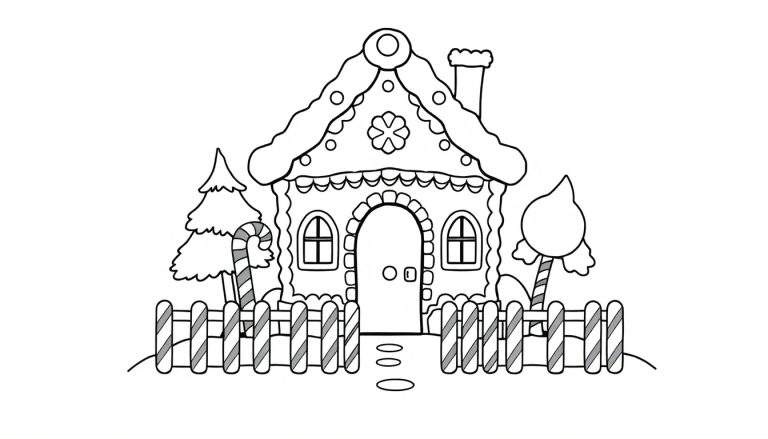 A black and white drawing of a gingerbread house with a candy cane and a lollipop, ready for the color panel.