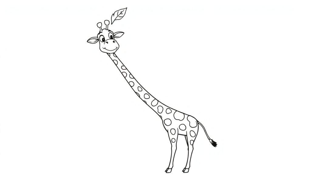 A friendly cartoon giraffe with spots, reaching for a leaf, ready for a color panel.