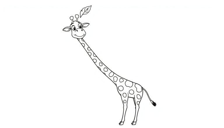 A friendly cartoon giraffe with spots, reaching for a leaf, ready for a color panel.