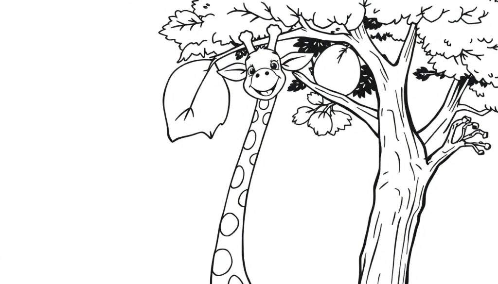 A black and white cartoon giraffe peeking out from tree branches, ready for a color panel.