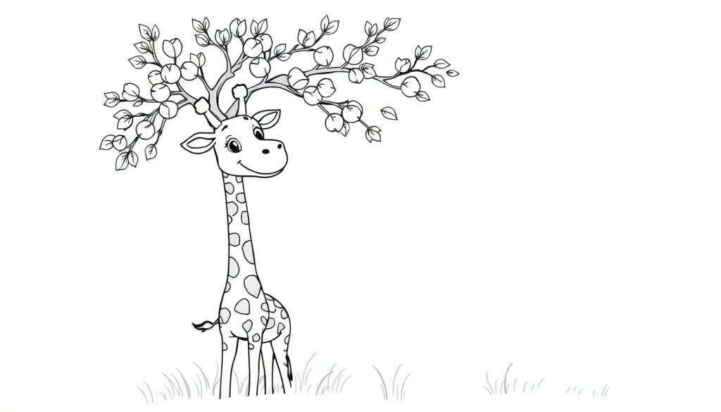 A smiling giraffe with an apple tree on its head in a grassy field, a black and white outline for a color panel.