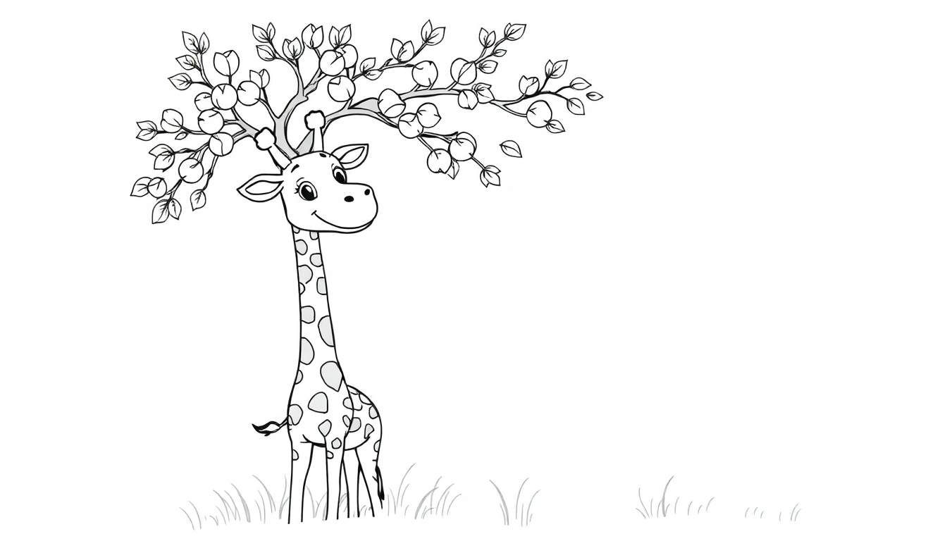 A smiling giraffe with an apple tree on its head in a grassy field, a black and white outline for a color panel.