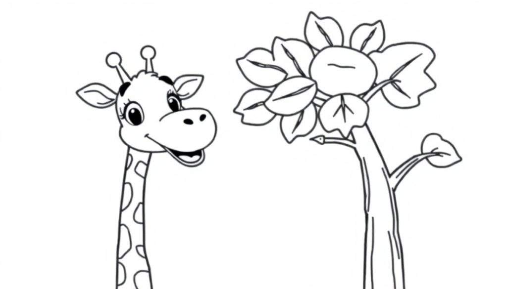 A happy cartoon giraffe with spots reaching for leaves on a tree, in a black and white outline for coloring panel.