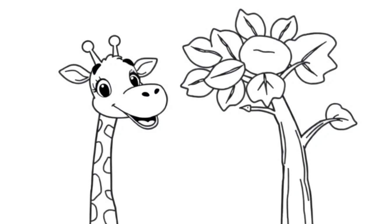 A happy cartoon giraffe with spots reaching for leaves on a tree, in a black and white outline for coloring panel.