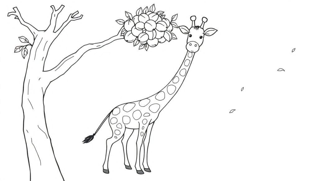 A friendly giraffe on a color panel reaching for round fruits on a tree.