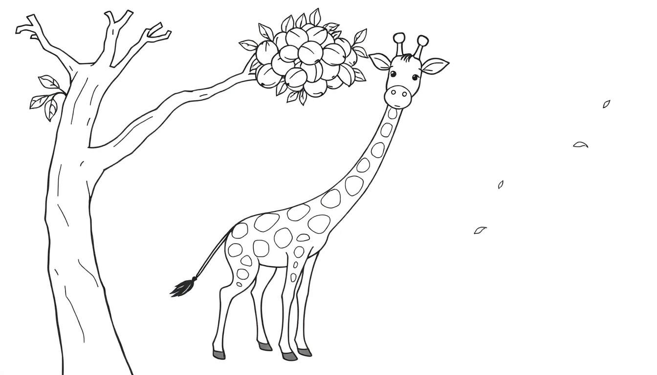 A friendly giraffe on a color panel reaching for round fruits on a tree.