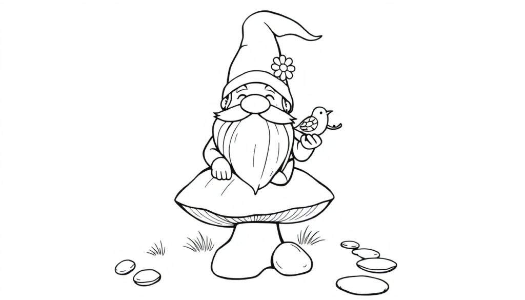 A black and white cartoon coloring panel of a smiling gnome with a pointy hat and a long beard, sitting on a mushroom and holding a small bird.