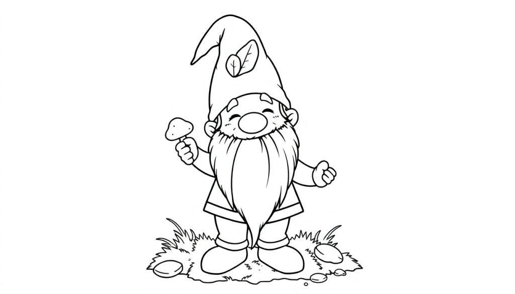 A friendly gnome holding a mushroom, on a black and white color panel.