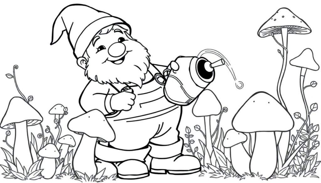 A friendly gnome watering giant mushrooms, perfect for a black and white color panel.