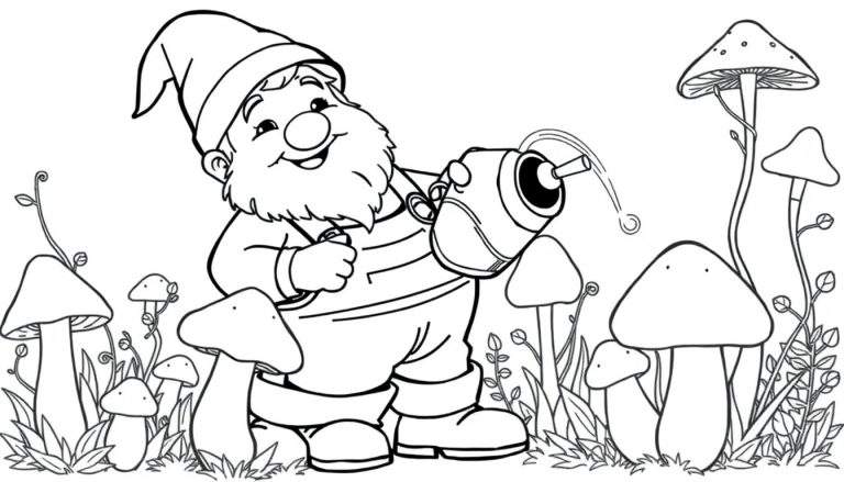 A friendly gnome watering giant mushrooms, perfect for a black and white color panel.