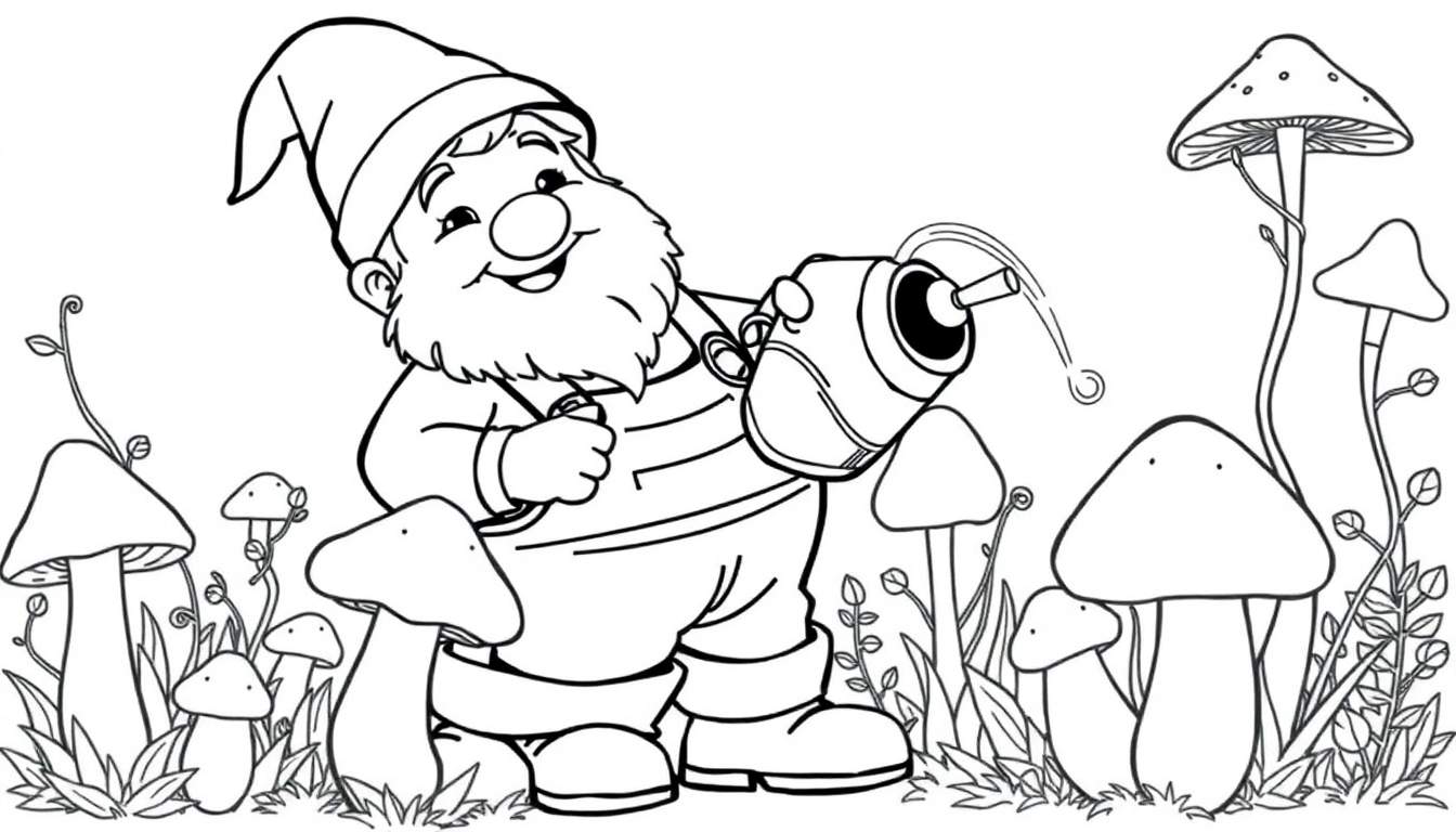 A friendly gnome watering giant mushrooms, perfect for a black and white color panel.