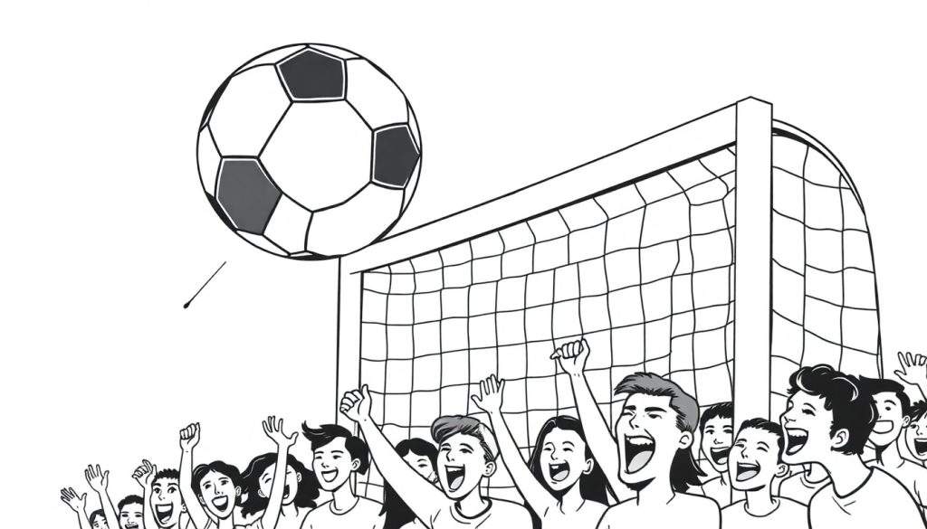 A black and white coloring page of a soccer ball flying towards a goal with a cheering crowd in the background. This color panel shows a thrilling moment.