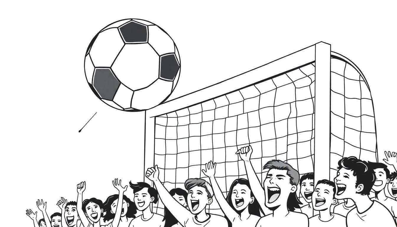 A black and white coloring page of a soccer ball flying towards a goal with a cheering crowd in the background. This color panel shows a thrilling moment.