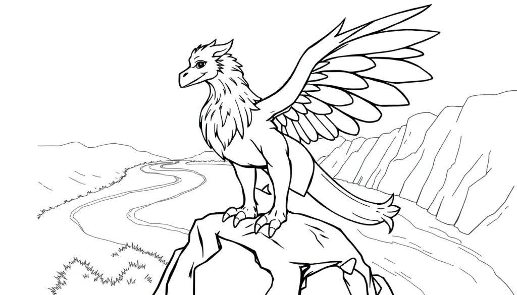 A black and white coloring page of a friendly griffin perched on a rock with a river and hills in the background, ready for adventure. This color panel features detailed outlines perfect for coloring.