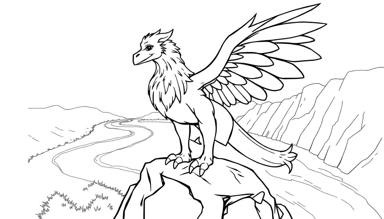 A black and white coloring page of a friendly griffin perched on a rock with a river and hills in the background, ready for adventure. This color panel features detailed outlines perfect for coloring.