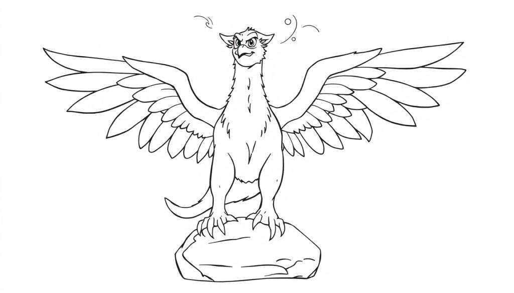 A fierce griffin with spread wings on a rock, ready for a color panel adventure.