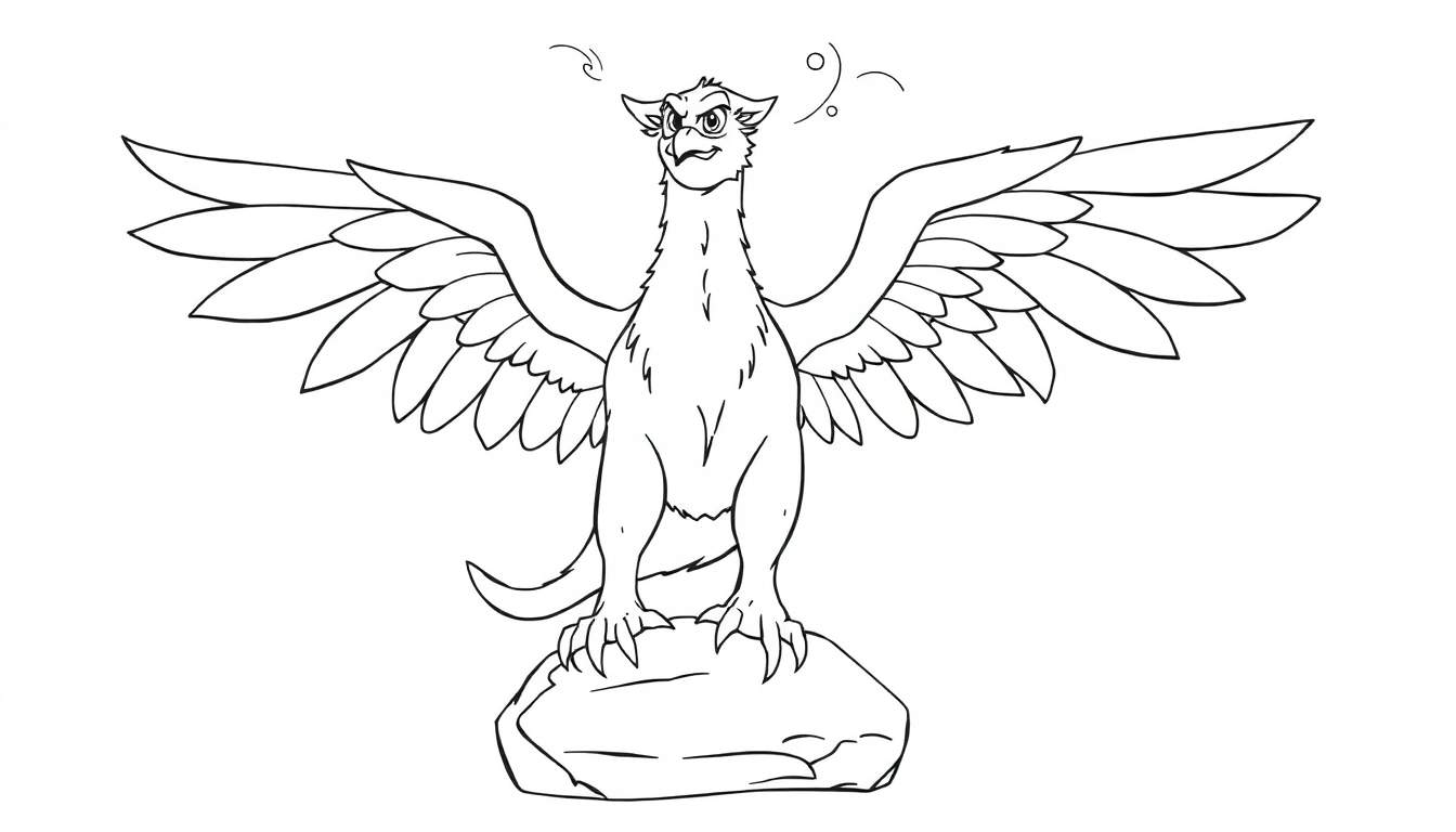 A fierce griffin with spread wings on a rock, ready for a color panel adventure.