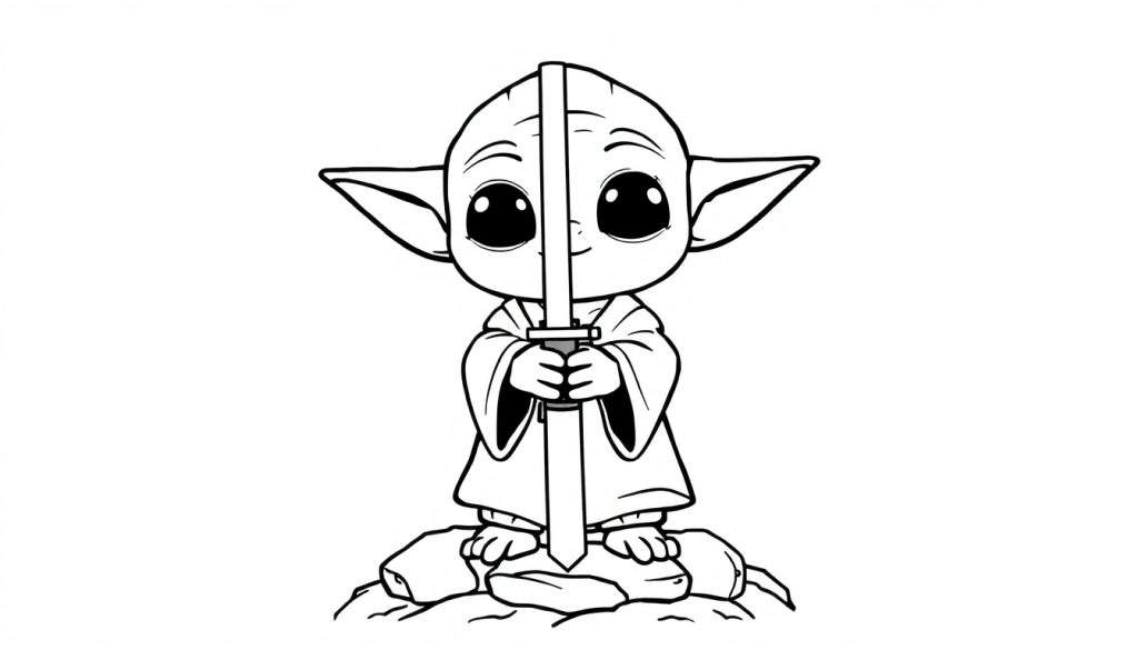 A cute Grogu coloring panel holding a toy lightsaber.