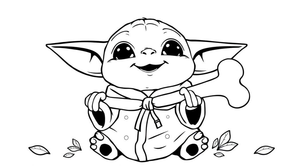 Grogu (Baby Yoda) is sitting on a black and white color panel, smiling and holding a bone.