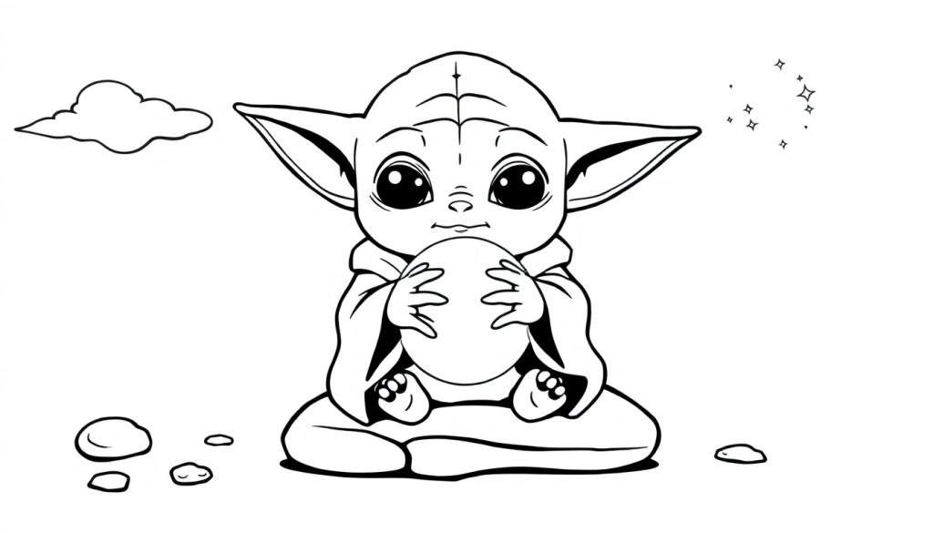 Grogu in a meditative pose on a coloring panel.