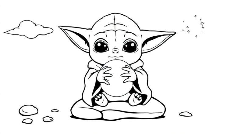 Grogu in a meditative pose on a coloring panel.