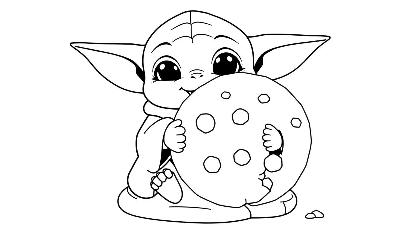 A black and white coloring page featuring Grogu, the cute creature from The Mandalorian, happily munching on a large cookie, with a small piece broken off near his feet. This color panel is ready for fun!