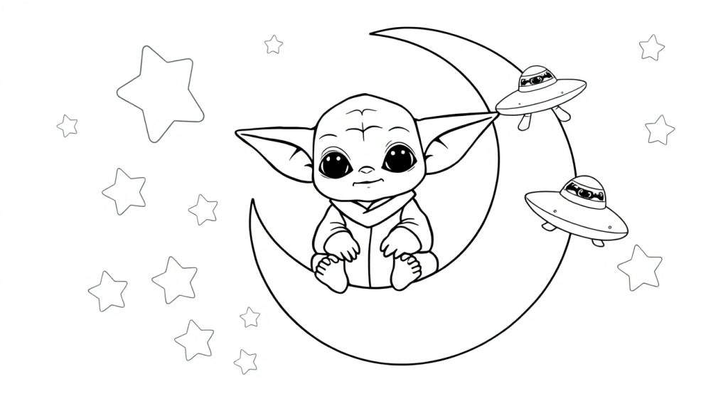 A black and white line drawing color panel of Grogu sitting on a moon with stars and spaceships.